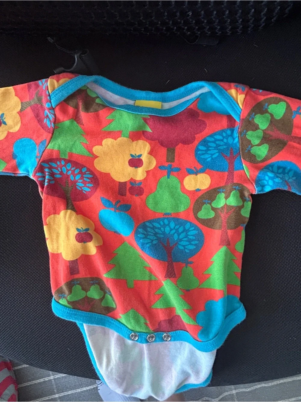 Bright Red Kids Long-Sleeve Bodysuit with Playful Tree & Fruit Print